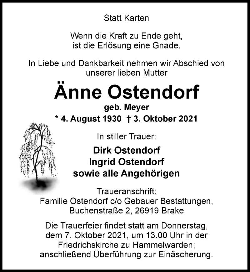  Traueranzeige für Änne Ostendorf vom 05.10.2021 aus Nordwest-Zeitung