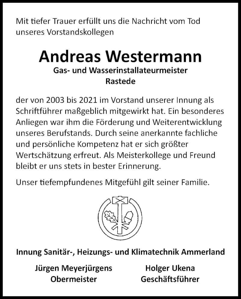  Traueranzeige für Andreas Westermann vom 16.10.2021 aus Nordwest-Zeitung