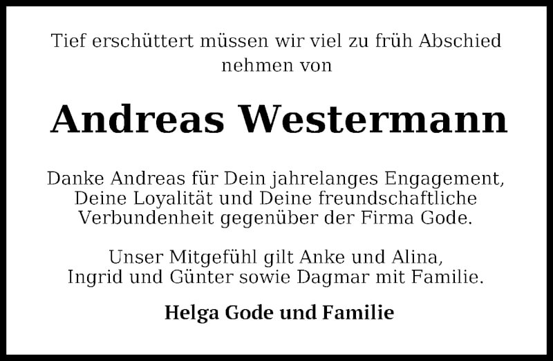  Traueranzeige für Andreas Westermann vom 16.10.2021 aus Nordwest-Zeitung