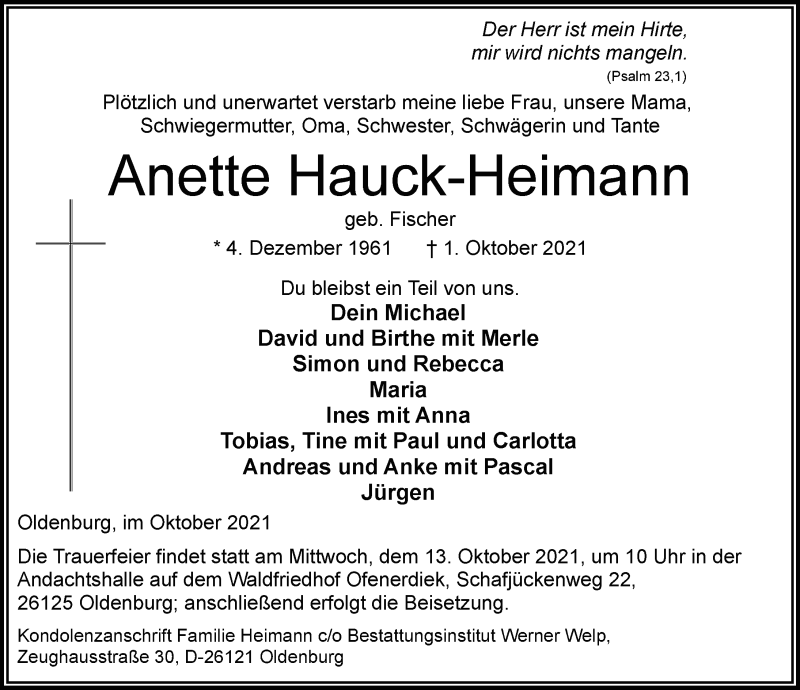  Traueranzeige für Anette Hauck-Heimann vom 09.10.2021 aus Nordwest-Zeitung