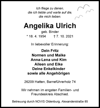 Traueranzeige von Angelika Ulrich von Nordwest-Zeitung