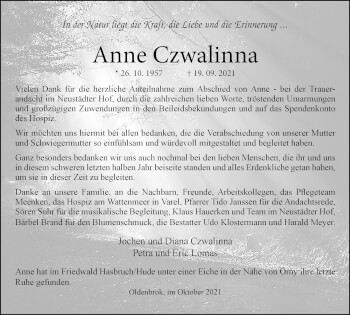 Traueranzeige von Anne Czwalinna von Nordwest-Zeitung