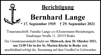 Traueranzeige von Bernhard Lange von Nordwest-Zeitung