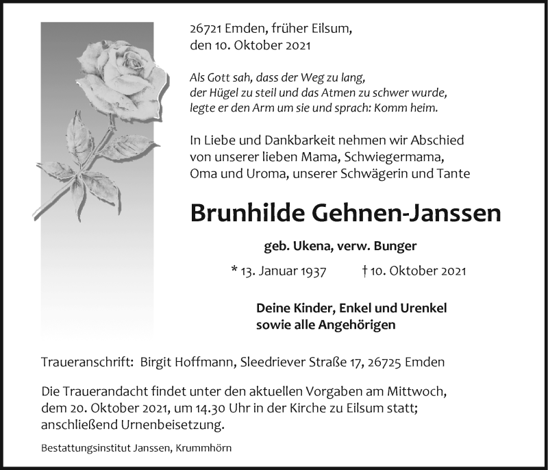  Traueranzeige für Brunhilde Gehnen-Janssen vom 13.10.2021 aus Emder Zeitung