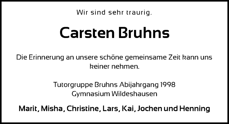  Traueranzeige für Carsten Bruhns vom 19.10.2021 aus Nordwest-Zeitung