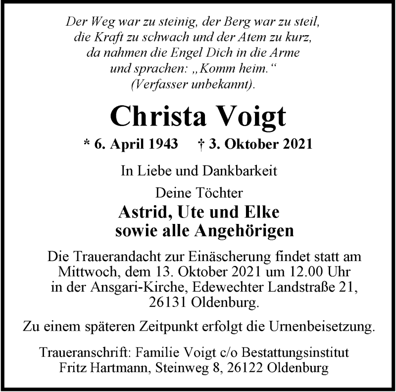  Traueranzeige für Christa Voigt vom 09.10.2021 aus Nordwest-Zeitung