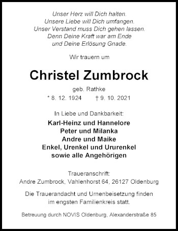 Traueranzeige von Christel Zumbrock von Nordwest-Zeitung