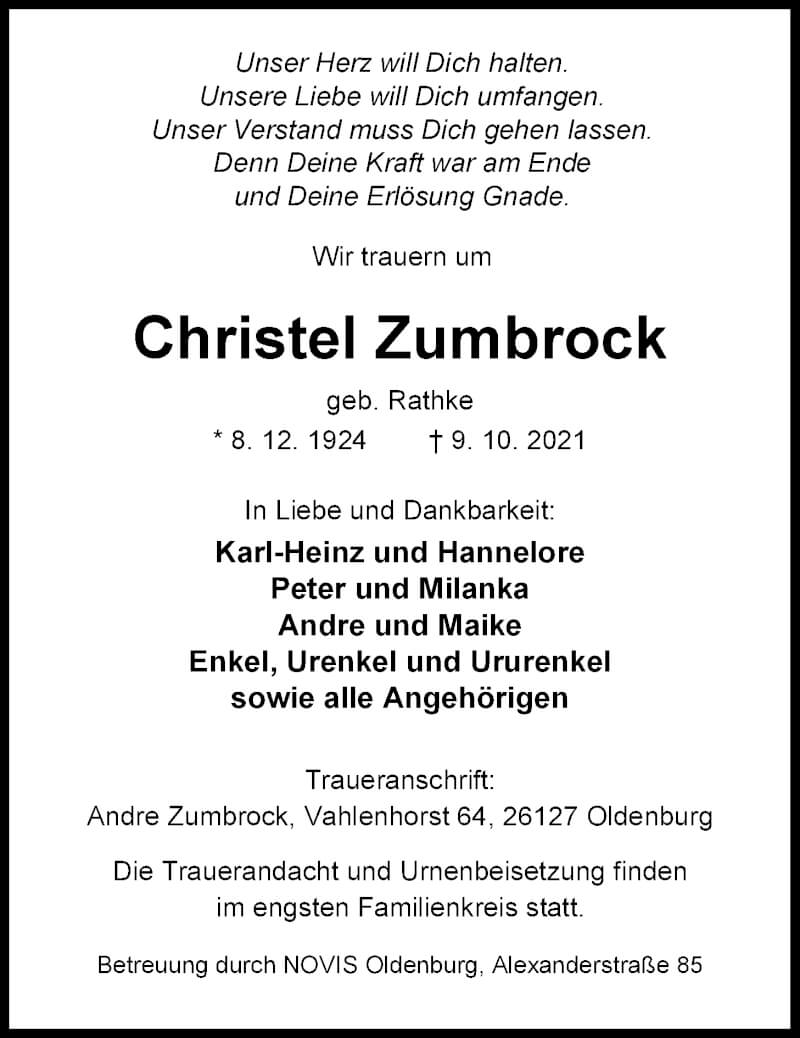  Traueranzeige für Christel Zumbrock vom 16.10.2021 aus Nordwest-Zeitung