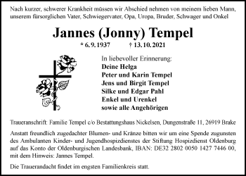 Traueranzeige von Jannes Tempel von Nordwest-Zeitung