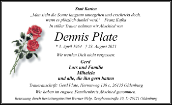 Traueranzeige von Dennis Plate von Nordwest-Zeitung