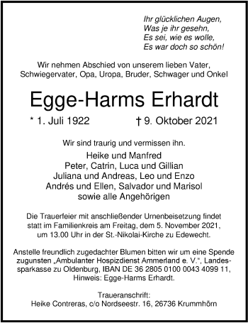Traueranzeige von Egge-Harms Erhardt von Nordwest-Zeitung