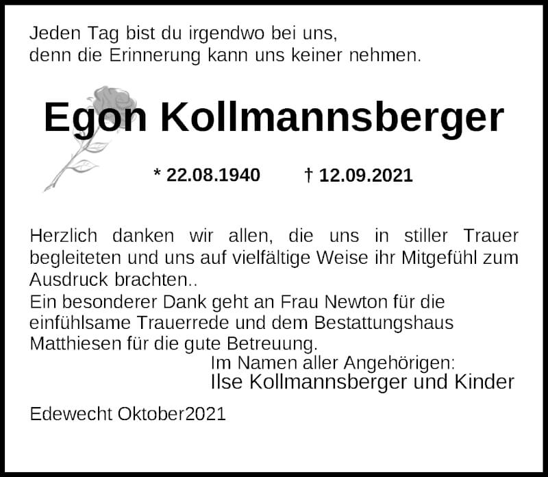  Traueranzeige für Egon Kollmannsberger vom 30.10.2021 aus Nordwest-Zeitung