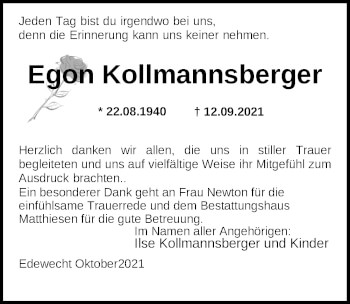 Traueranzeige von Egon Kollmannsberger von Nordwest-Zeitung