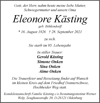 Traueranzeige von Eleonore Kästing von Nordwest-Zeitung