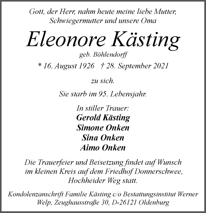  Traueranzeige für Eleonore Kästing vom 06.10.2021 aus Nordwest-Zeitung