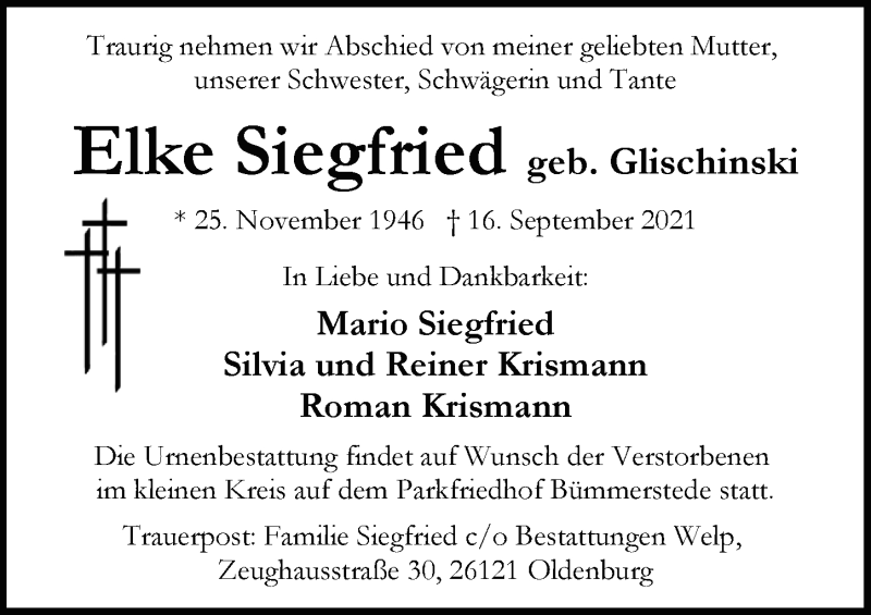  Traueranzeige für Elke Siegfried vom 09.10.2021 aus Nordwest-Zeitung