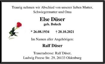 Traueranzeige von Else Düser von Nordwest-Zeitung