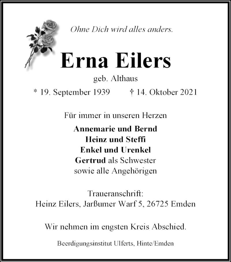  Traueranzeige für Erna Eilers vom 16.10.2021 aus Emder Zeitung
