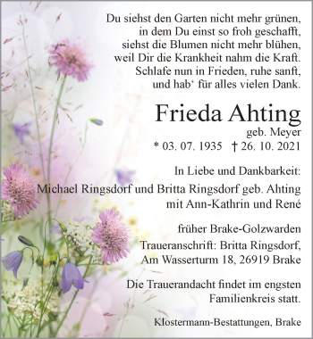 Traueranzeige von Frieda Ahting von Nordwest-Zeitung