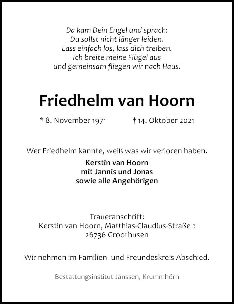  Traueranzeige für Friedhelm van Hoorn vom 16.10.2021 aus Emder Zeitung