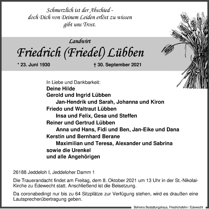  Traueranzeige für Friedrich Lübben vom 05.10.2021 aus Nordwest-Zeitung