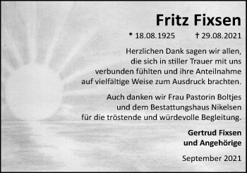 Traueranzeige von Fritz Fixsen von Nordwest-Zeitung