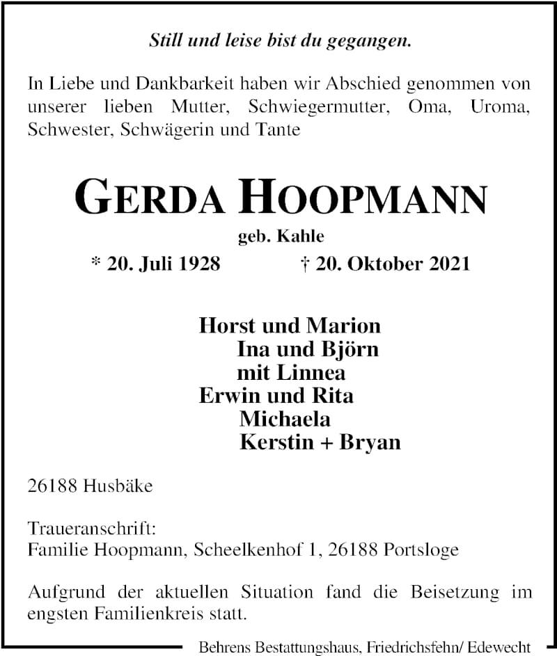  Traueranzeige für Gerda Hoopmann vom 30.10.2021 aus Nordwest-Zeitung