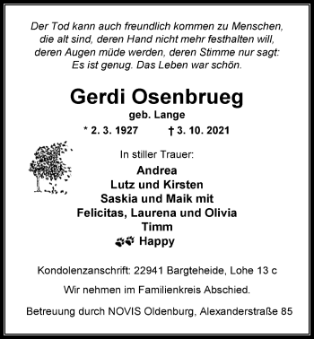 Traueranzeige von Gerdi Osenbrueg von Nordwest-Zeitung