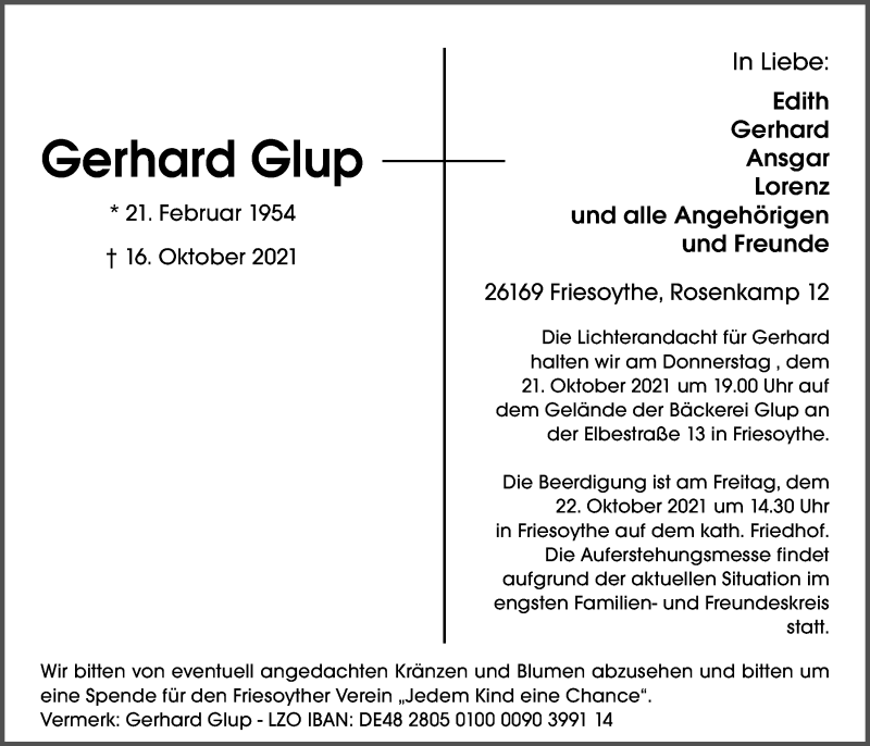  Traueranzeige für Gerhard Glup vom 20.10.2021 aus Nordwest-Zeitung