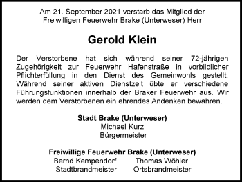 Traueranzeige von Gerold Klein von Nordwest-Zeitung