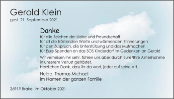 Traueranzeige von Gerold Klein von Nordwest-Zeitung