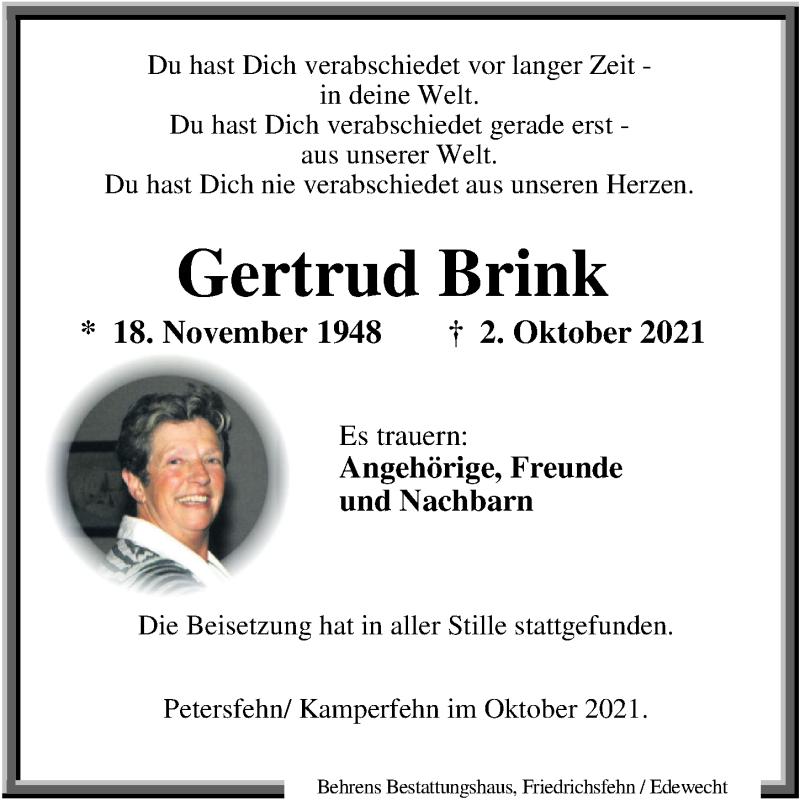  Traueranzeige für Gertrud Brink vom 23.10.2021 aus Nordwest-Zeitung