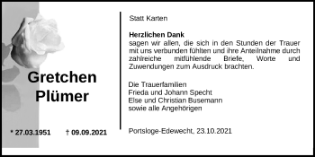 Traueranzeige von Gretchen Plümer von Nordwest-Zeitung