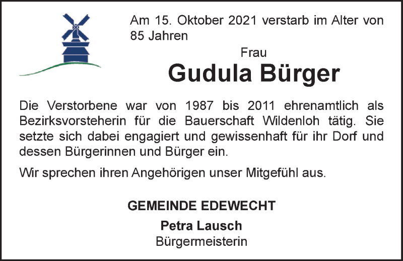  Traueranzeige für Gudula Bürger vom 27.10.2021 aus Nordwest-Zeitung