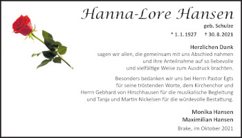 Traueranzeige von Hanna-Lore Hansen von Nordwest-Zeitung