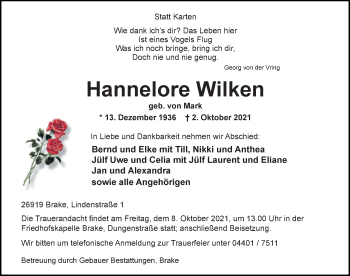 Traueranzeige von Hannelore Wilken von Nordwest-Zeitung