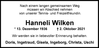 Traueranzeige von Hannelore Wilken von Nordwest-Zeitung