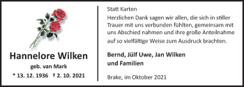 Traueranzeige von Hannelore Wilken von Nordwest-Zeitung