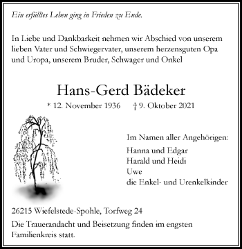 Traueranzeige von Hans-Gerd Bädeker von Nordwest-Zeitung