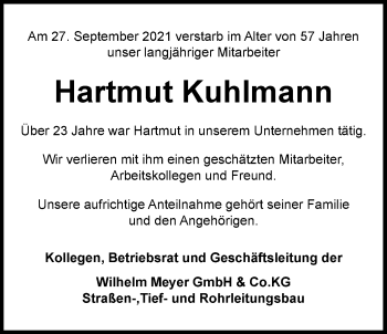 Traueranzeige von Hartmut Kuhlmann von Nordwest-Zeitung