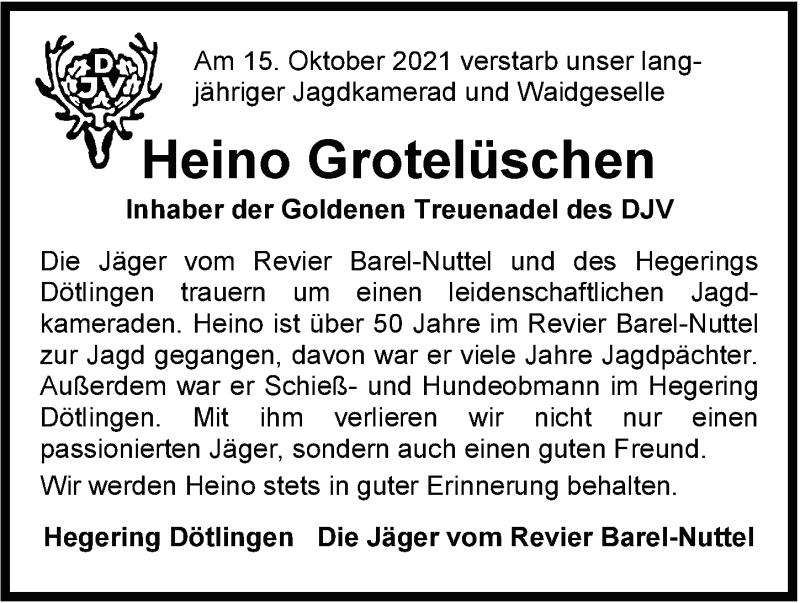  Traueranzeige für Heino Grotelüschen vom 19.10.2021 aus Nordwest-Zeitung