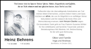 Traueranzeige von Heinz Behrens von Nordwest-Zeitung