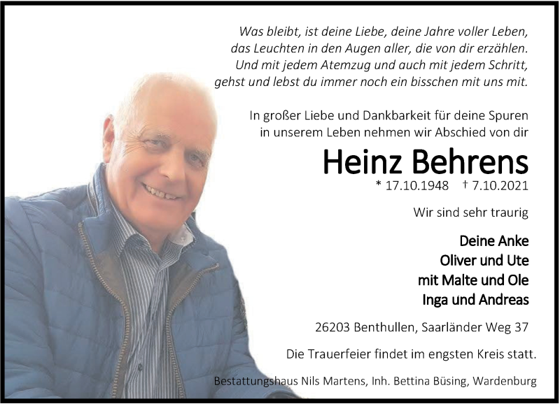  Traueranzeige für Heinz Behrens vom 13.10.2021 aus Nordwest-Zeitung