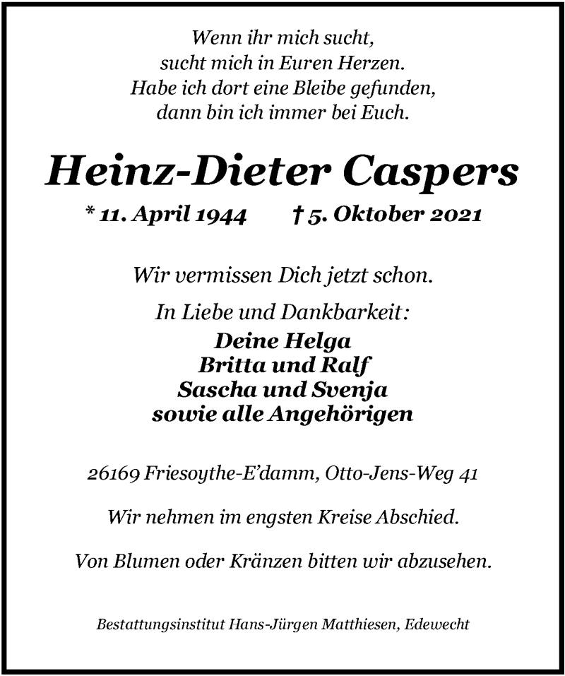  Traueranzeige für Heinz-Dieter Caspers vom 08.10.2021 aus Nordwest-Zeitung