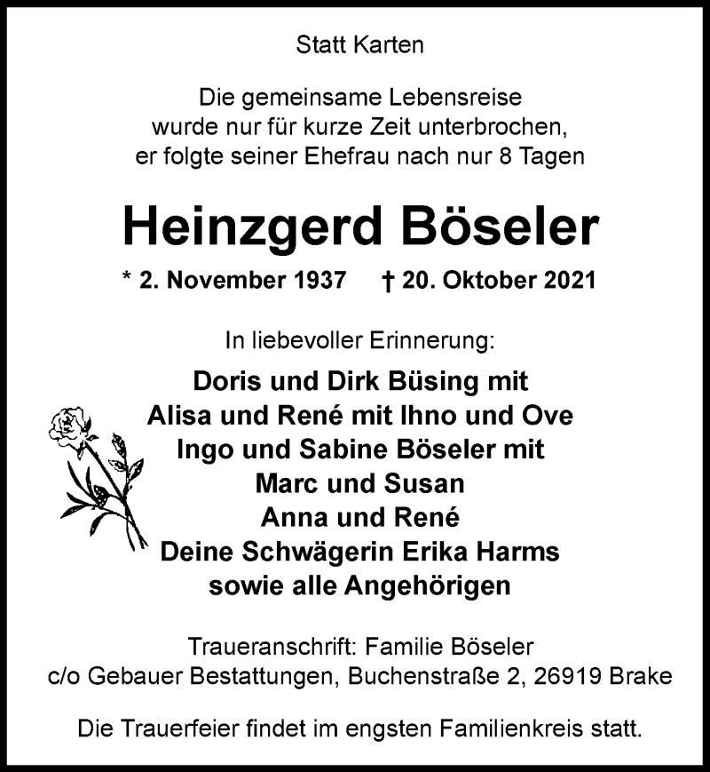  Traueranzeige für Heinzgerd Böseler vom 22.10.2021 aus Nordwest-Zeitung