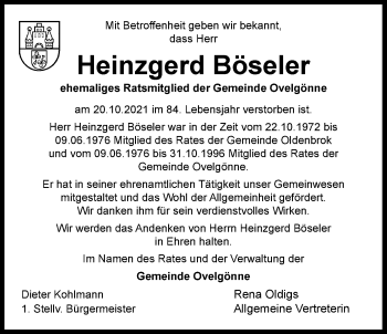 Traueranzeige von Heinzgerd Böseler von Nordwest-Zeitung