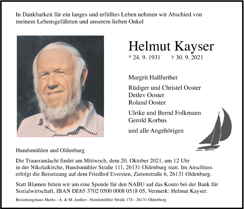  Traueranzeige für Helmut Kayser vom 09.10.2021 aus Nordwest-Zeitung