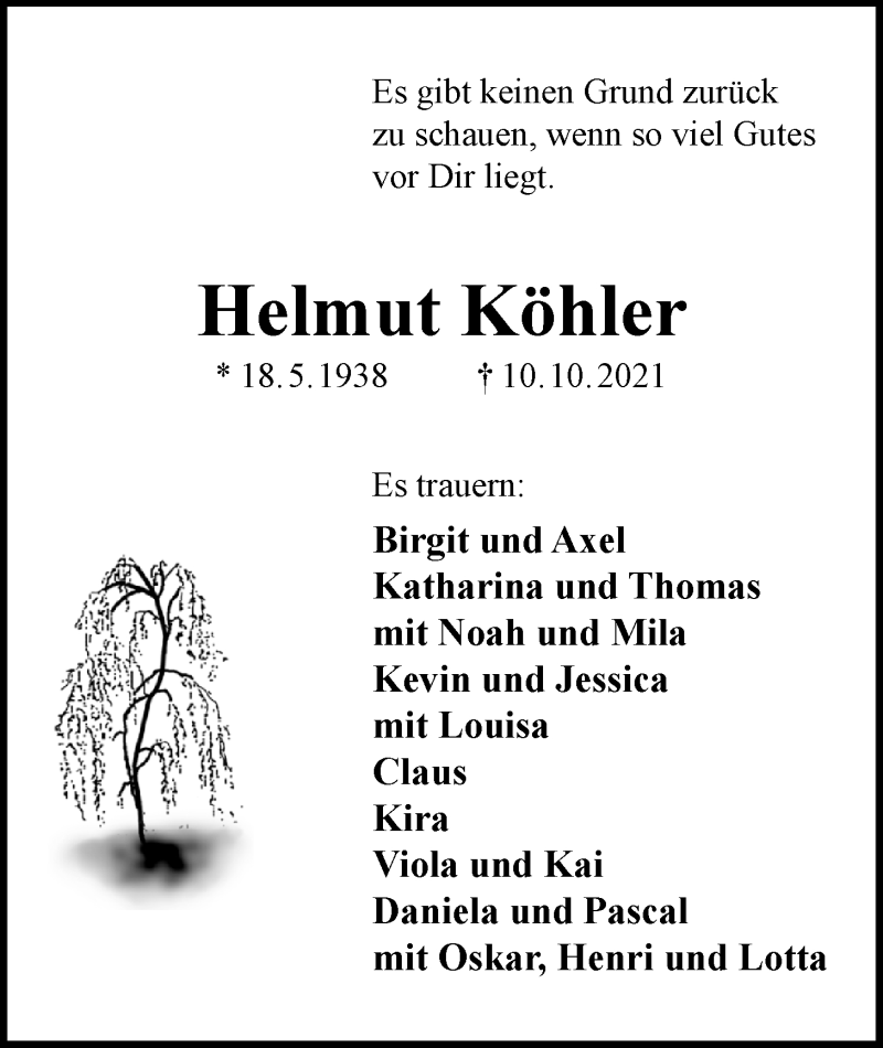  Traueranzeige für Helmut Köhler vom 15.10.2021 aus Nordwest-Zeitung