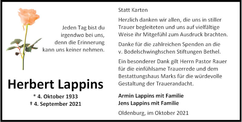  Traueranzeige für Herbert Lappins vom 16.10.2021 aus Nordwest-Zeitung