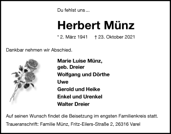 Traueranzeige von Herbert Münz von Nordwest-Zeitung